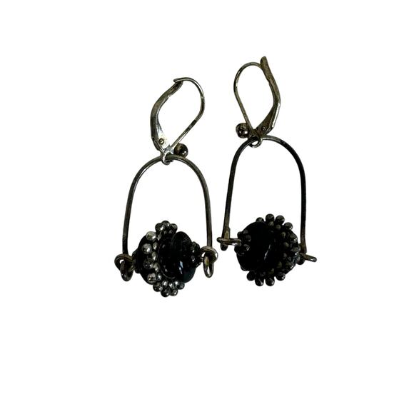 Gold Tone Metal Plated Black Bead Studded Birdcage Dangling French Wire Earrings - Picture 1 of 3